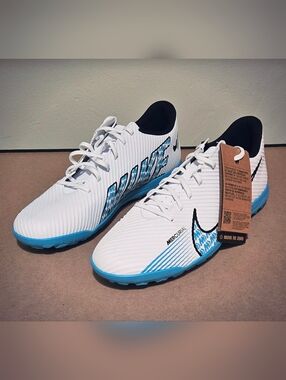 Nike Men's 10 Mercurial Vapor 15 TF Club Men's Turf Soccer Cleats White/Blue